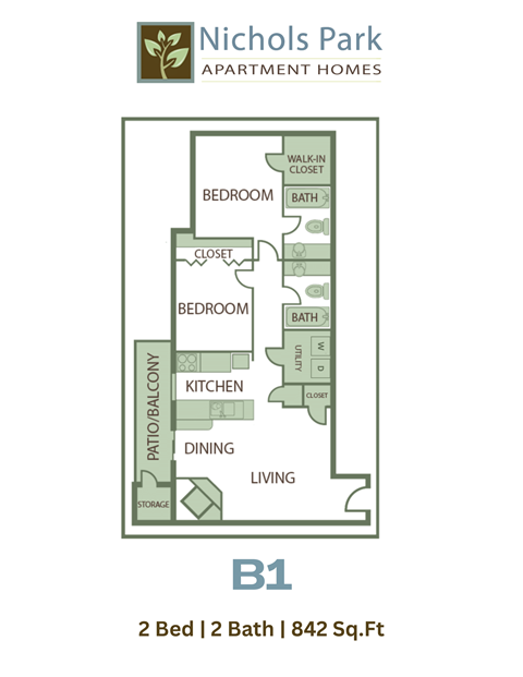 A floor plan for a 2 bedroom, 2 bathroom apartment from Nichols Park Apartment Homes.